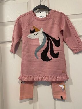 deux par deux Dusty Pink Unicorn Sweater Dress Intersia & Organic Bottoms NWT